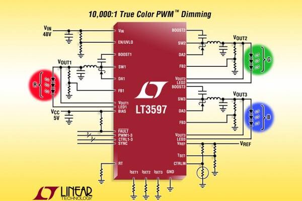 60-V step-down DC/DC converter drives three independent strings of 100-mA LEDs