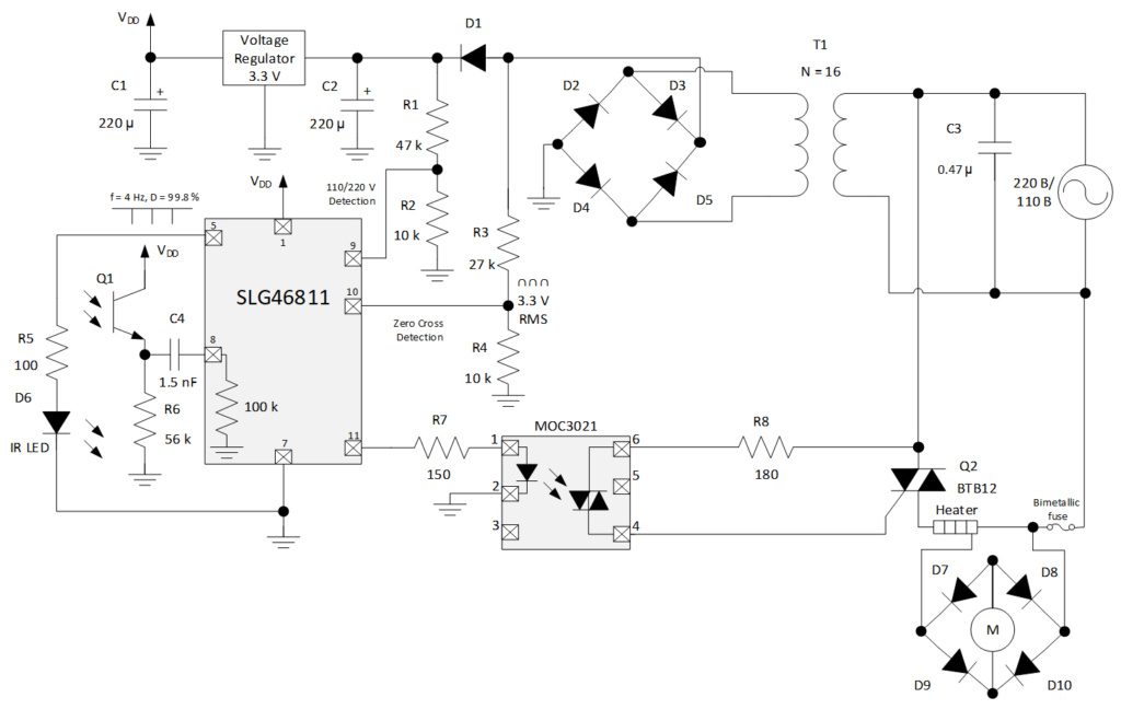 Figure 6: General schematic of the automatic hand dryer based on SLG46811 with brushed DC motor.