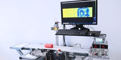 First terahertz line scanner with monolithically integrated detector