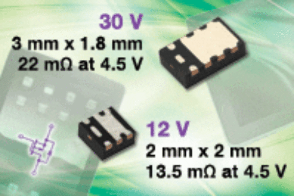 New MOSFETs offer industry-low on-resistance in 2 x 2-mm and 3 x 1.8-mm footprint areas at 4.5-V