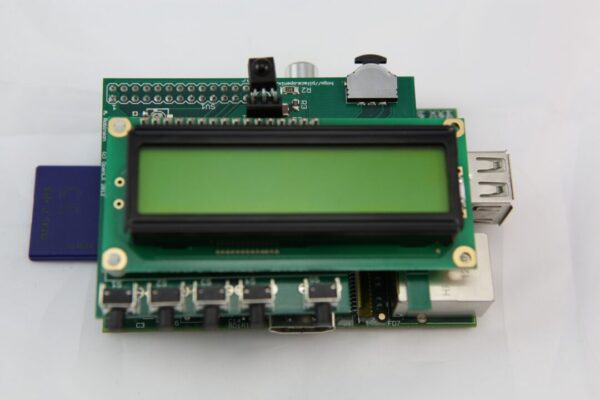 Control and display interface plugs on top of Raspberry Pi board